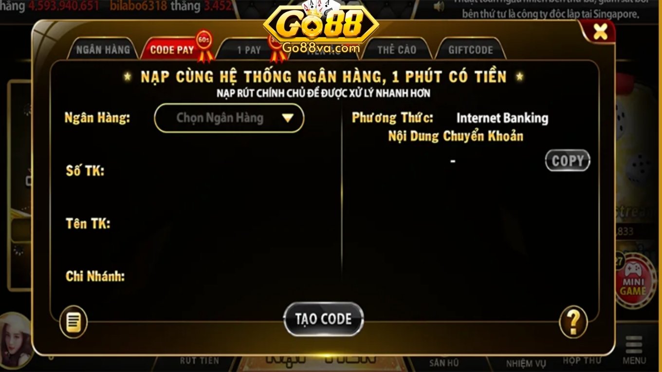 Hướng dẫn nạp tiền rút tiền GO88